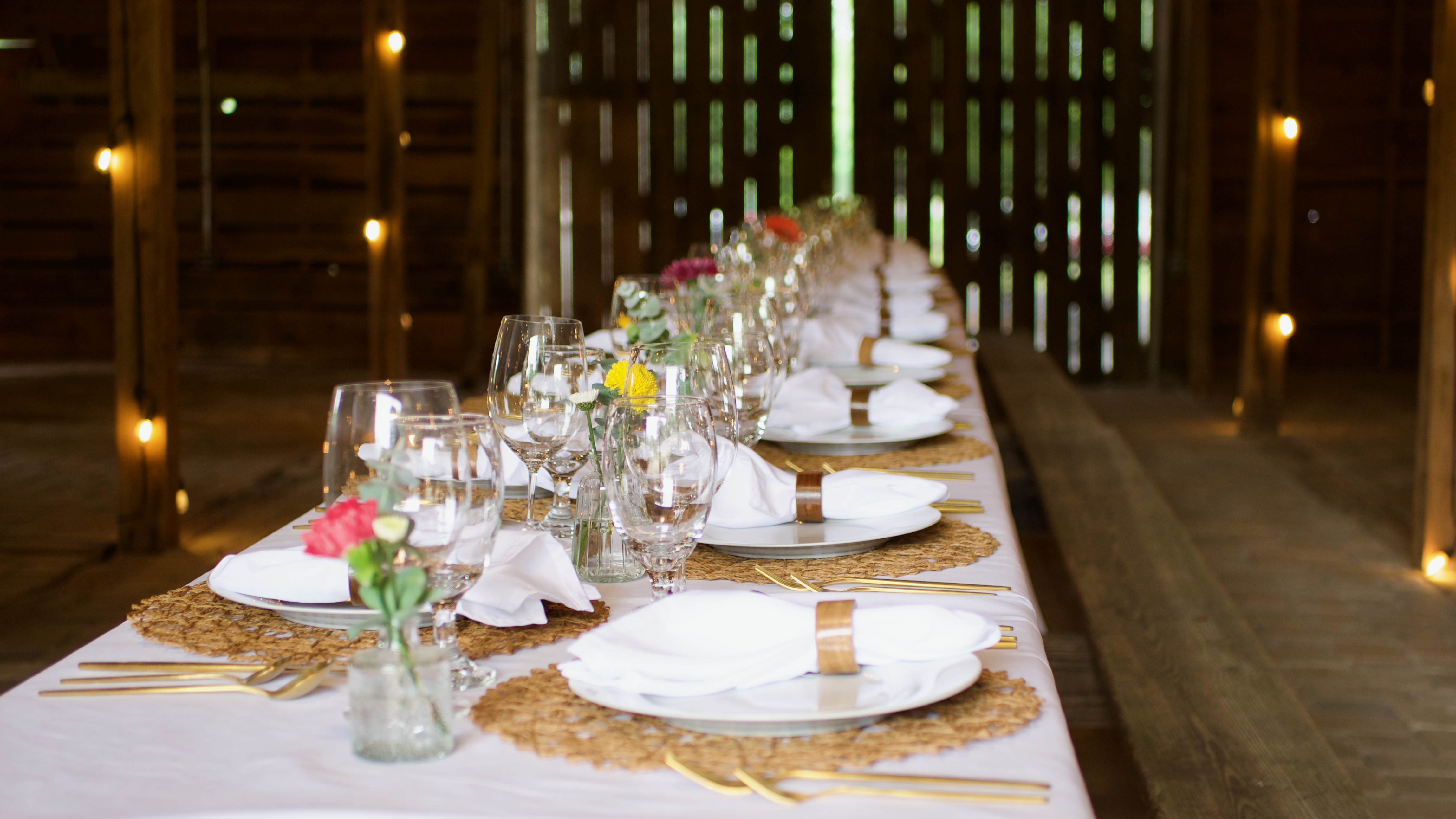 Communal table setup at Oak Leaf Acres
